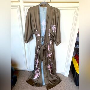 Long Green and Floral Satin Kimono!!
